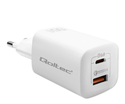 Ładowarka i akumulator QOLTEC Ładowarka sieciowa 65W GaN ULTRA | 5-20V | 2.25-3.25A | 1 x USB typ C PD | 1 x USB QC 3.0 | Biała 50765